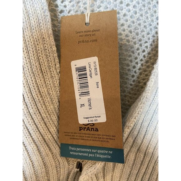NWT Prana Lima Cardigan One Snap Organic Cotton Bone Tan Extra Large XL New - Picture 3 of 5